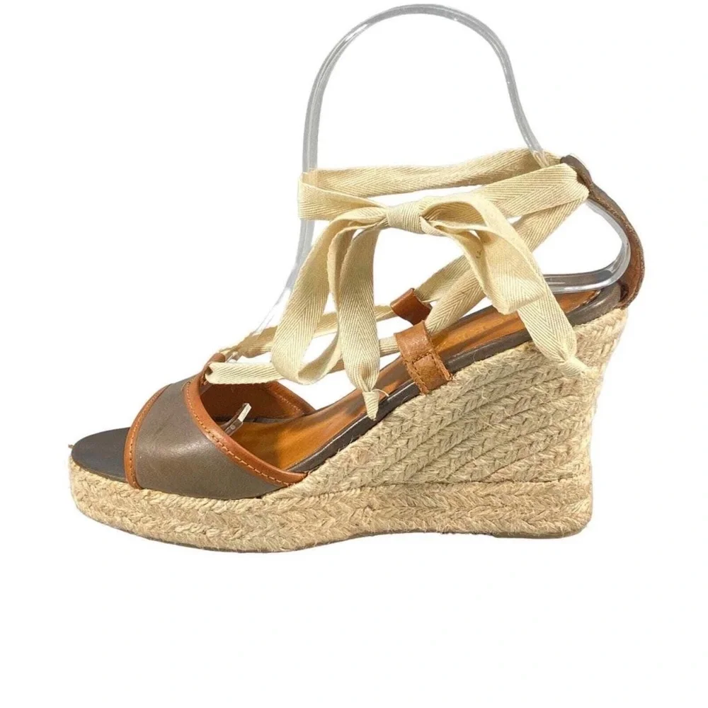 J Crew Tan and Beige Espadrille Wedge Sandals with Ankle Tie