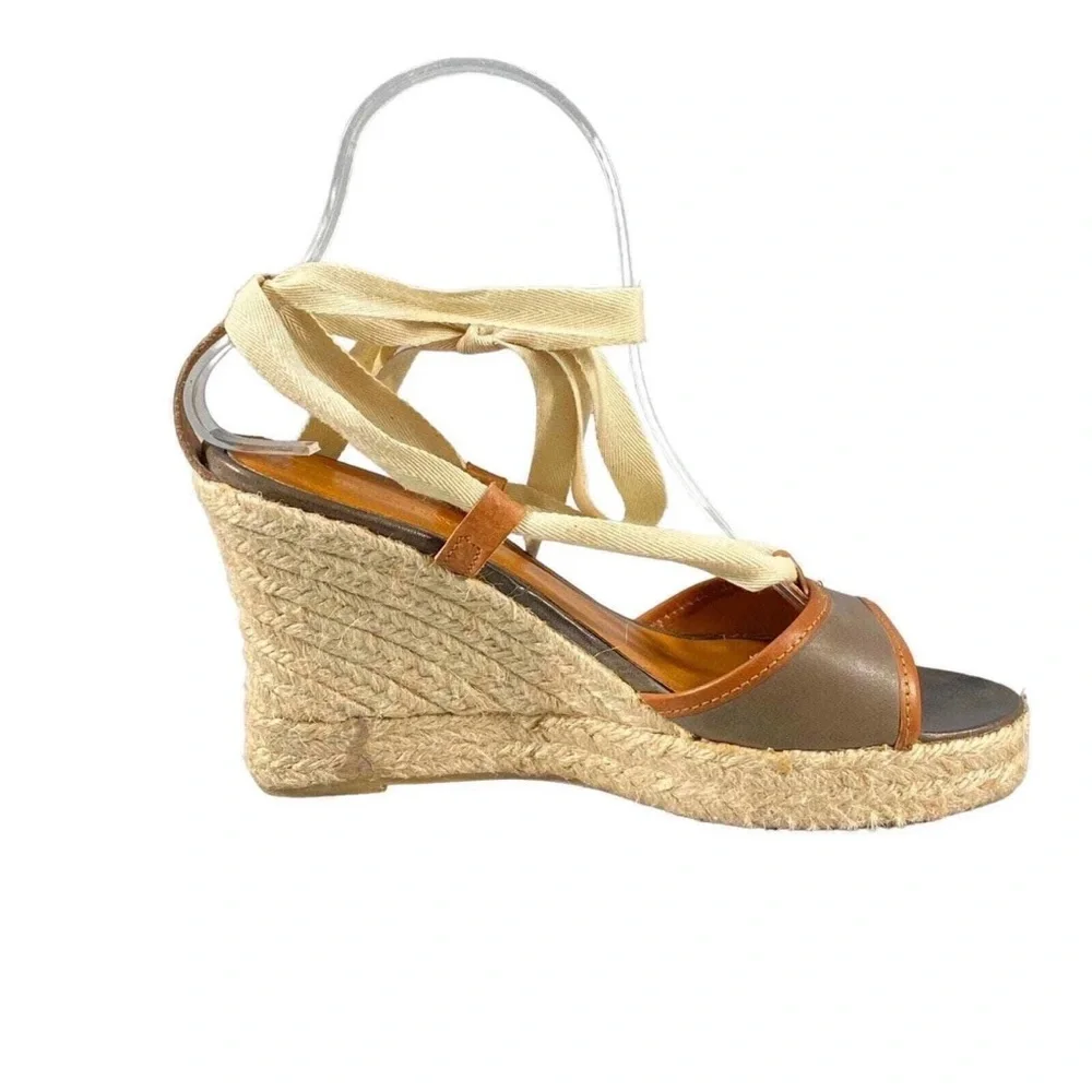 J Crew Tan and Beige Espadrille Wedge Sandals with Ankle Tie