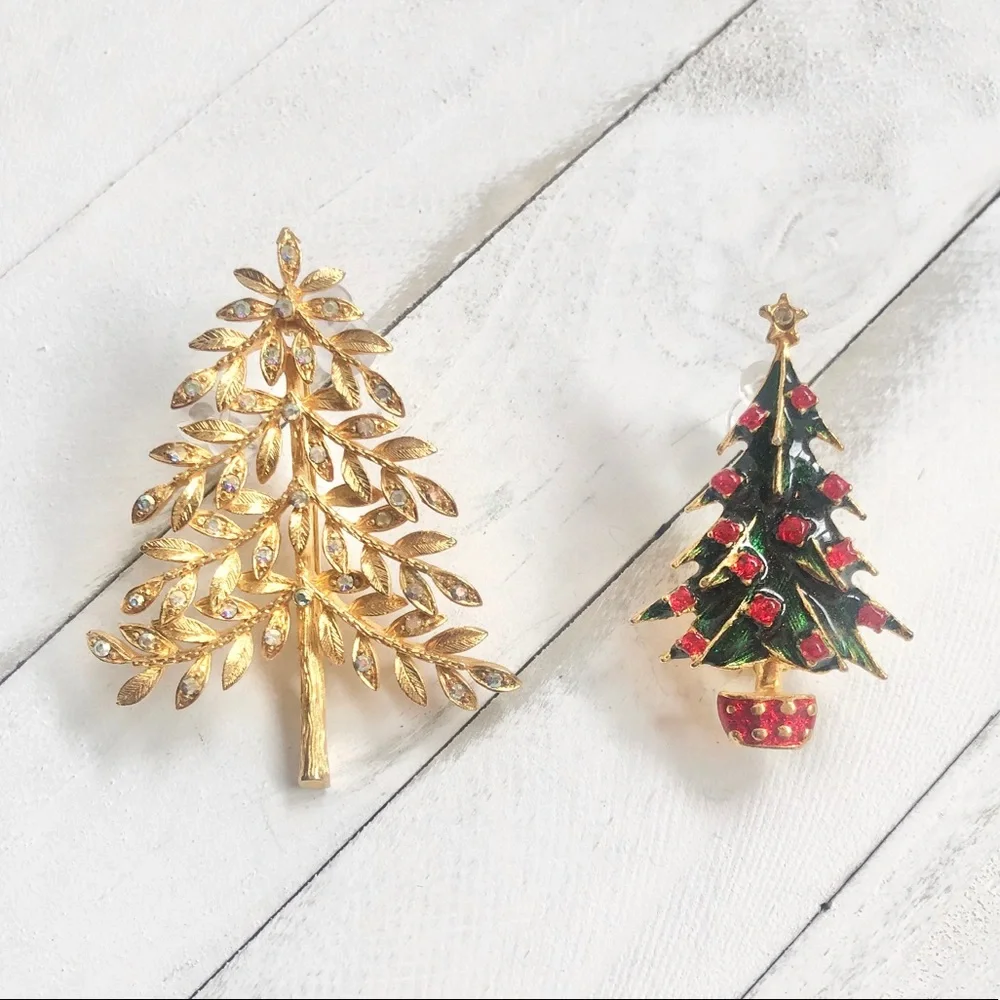 Vintage Signed Corel Christmas Tree Brooch Set 70s Rhinestone Pin Collection