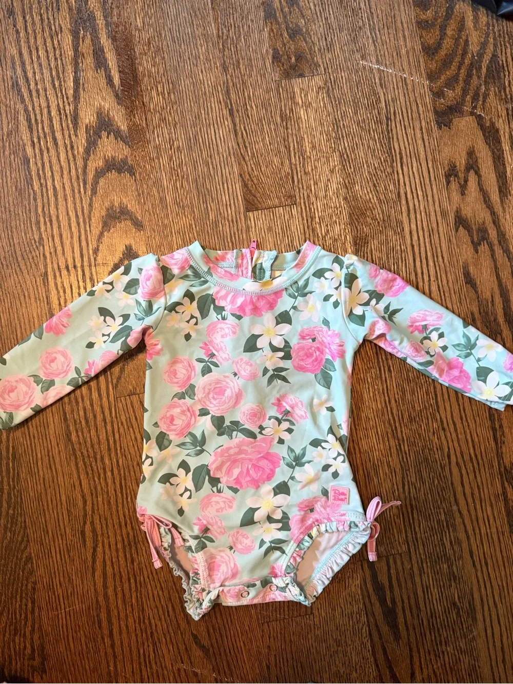 Ruffle Butts Mint Floral One-Piece Swimsuit with Pink Roses