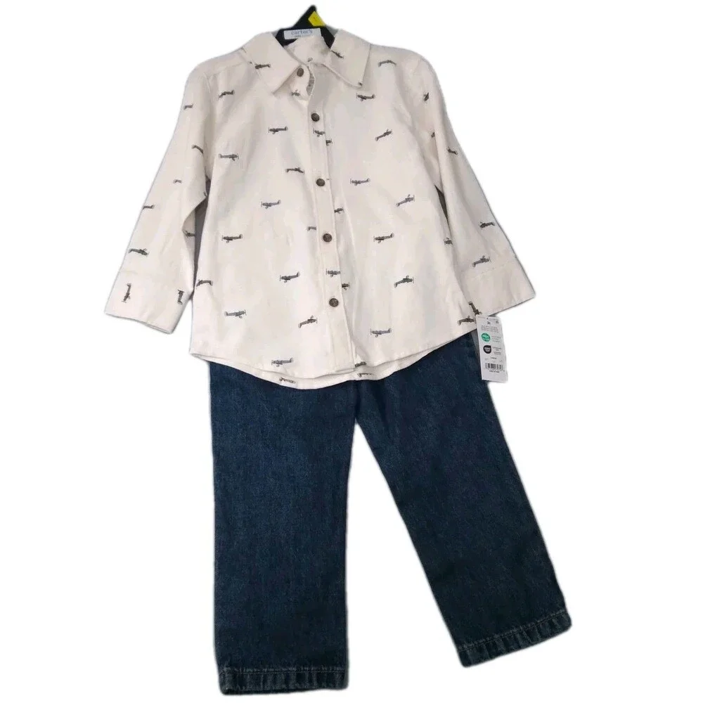 Carters Outfit Boy Sz 18m Jeans Shirt Airplanes Easter Warm Festival Spring 2pc