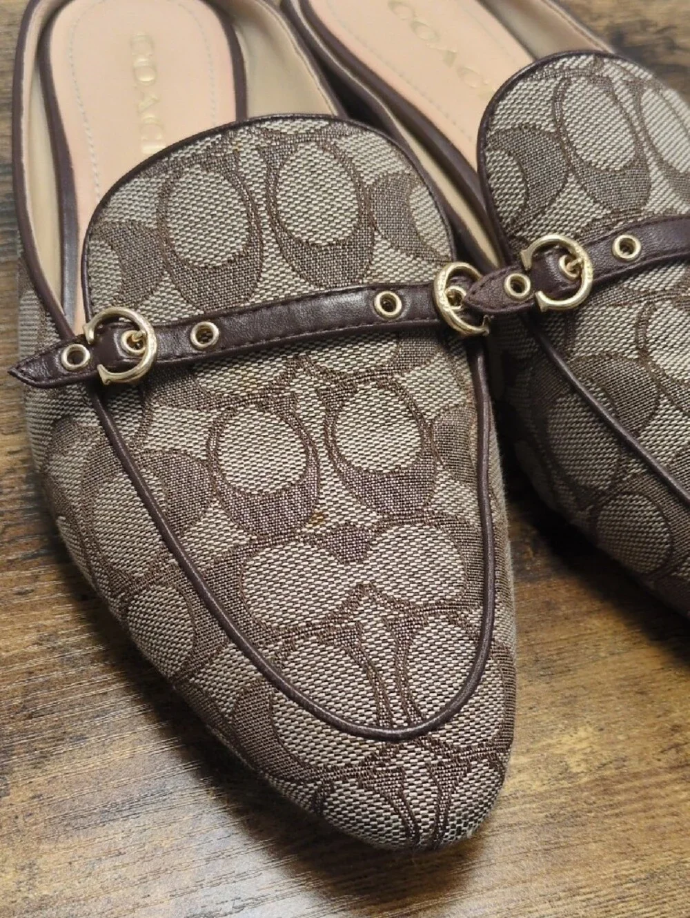 Coach Brown Signature Monogram Mules with Gold Accents/8.5B