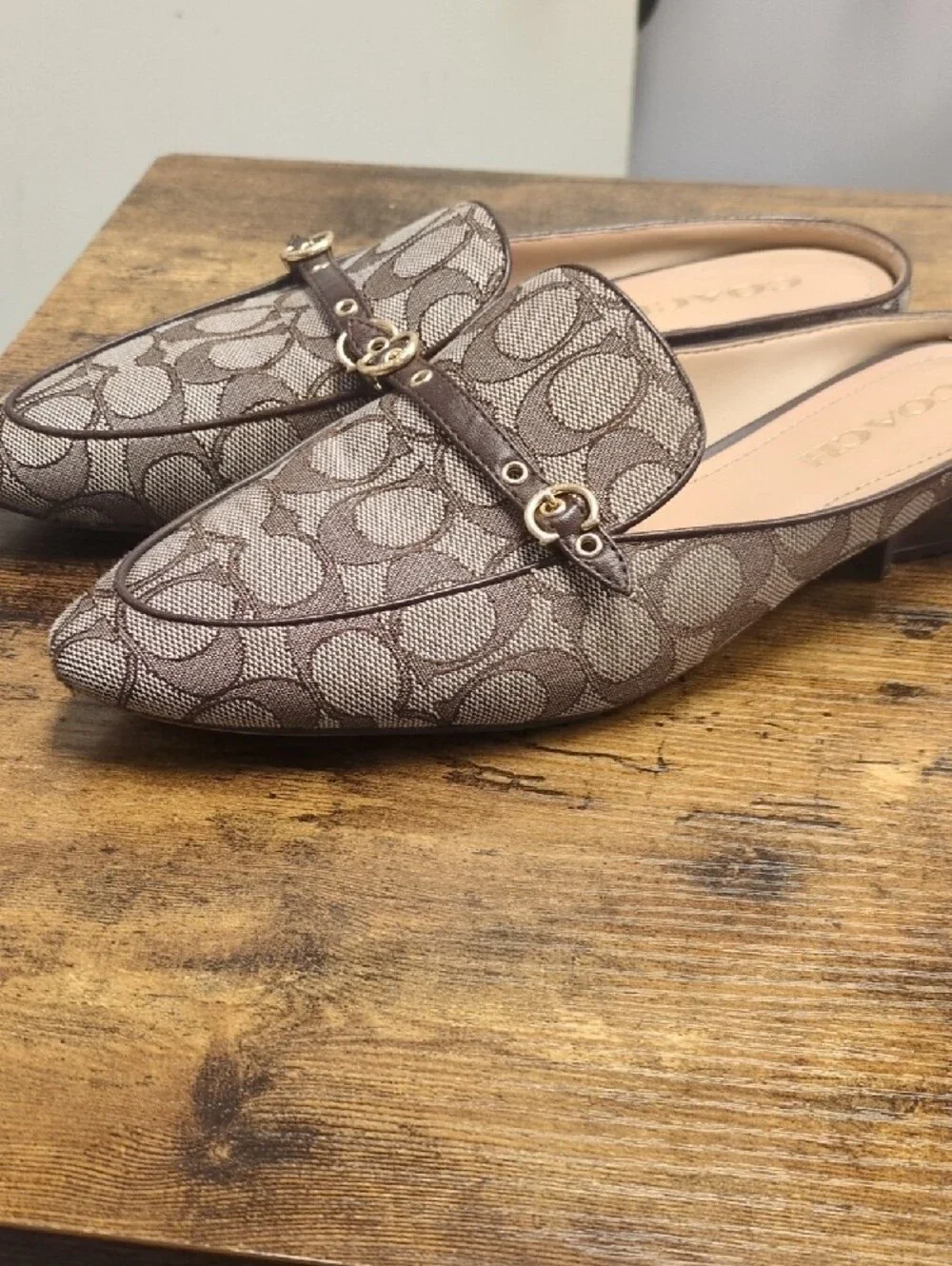 Coach Brown Signature Monogram Mules with Gold Accents/8.5B