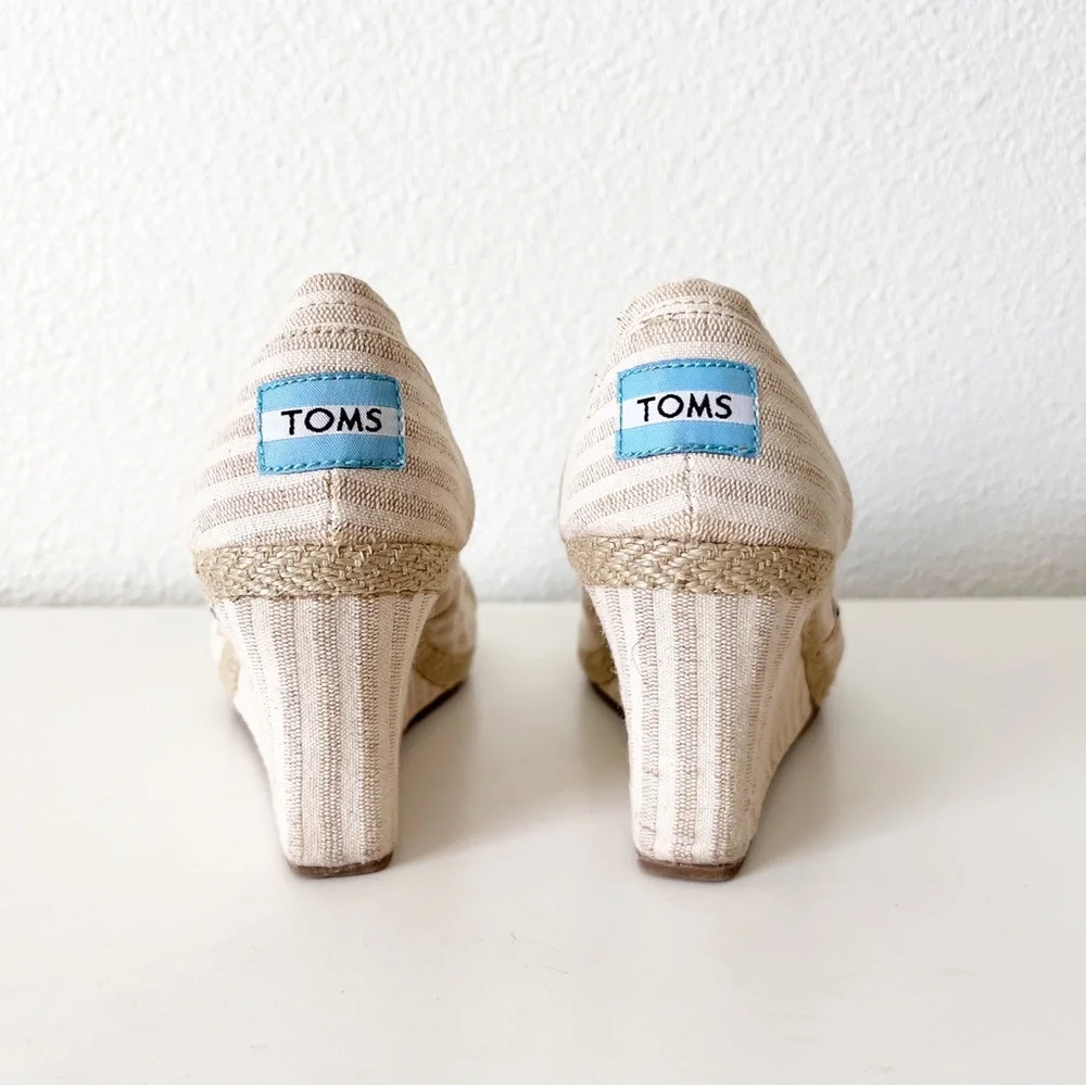 Toms Lina Wedges Beige Stripe Canvas Open Toe Size 7