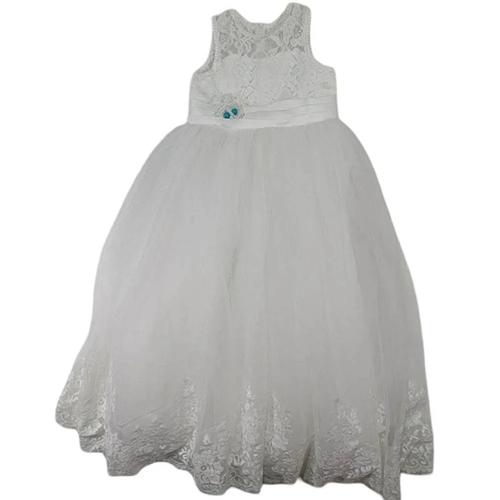 Flower Girl Wedding Pagent Junior Bridesmaid Dress Girls 8-9 White Tulle Overlay