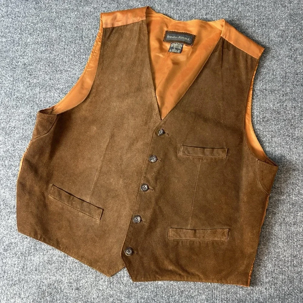 Banana Republic Suit Vest Mens Medium Brown Leather Suede Belted Lined