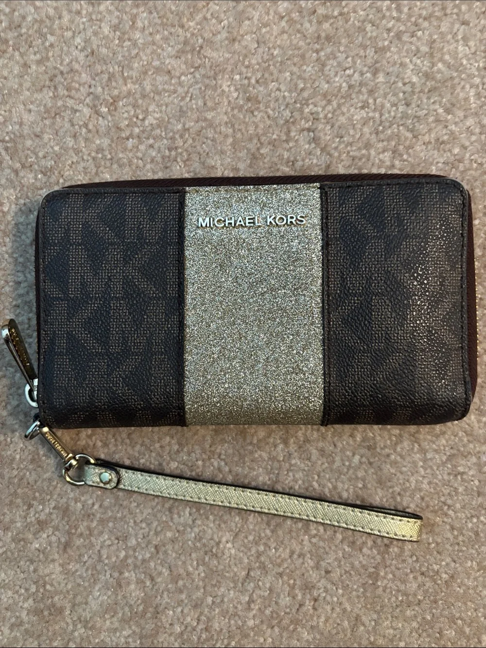 Michael Kors Brown Wallet with Gold Glitter Center Stripe