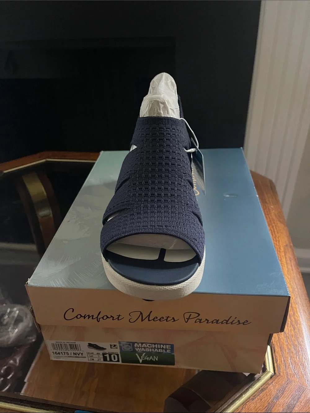 Vionic Navy Knit Wedge Sandal with Cream Platform