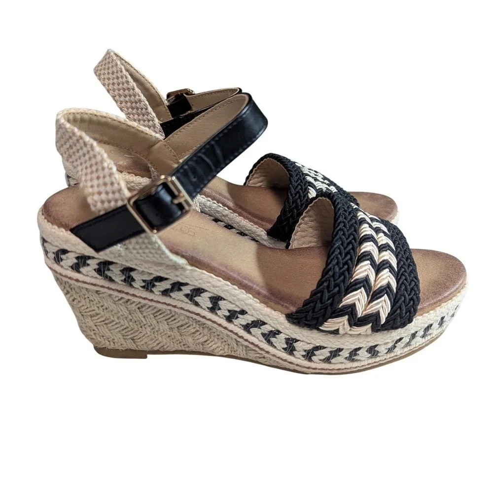 Womens Wedge Espadrille Sandals Black Beige Braided Ankle Strap
