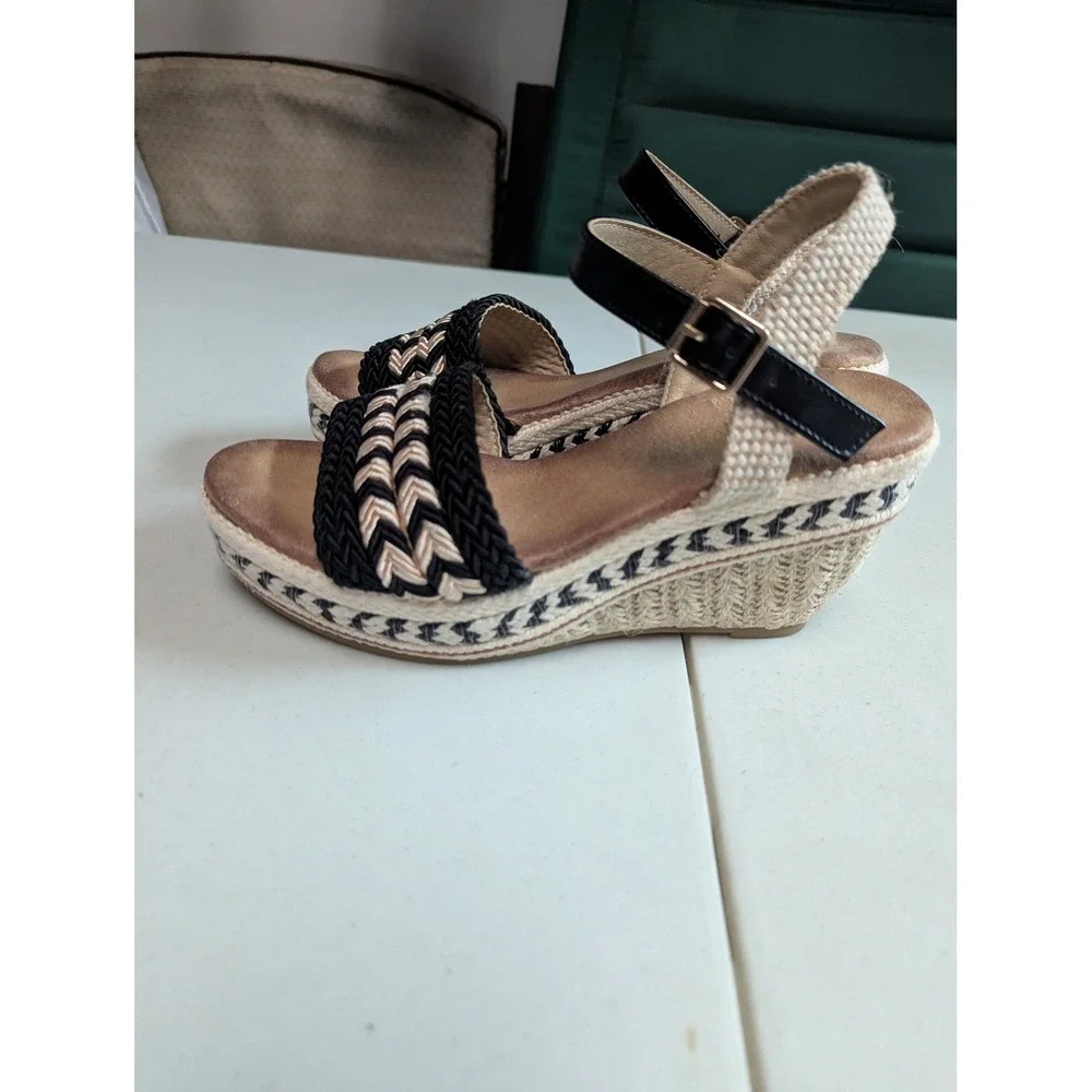 Womens Wedge Espadrille Sandals Black Beige Braided Ankle Strap