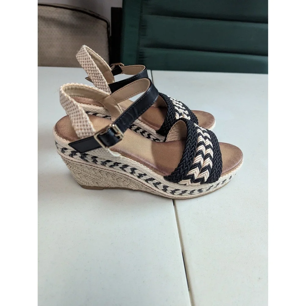 Womens Wedge Espadrille Sandals Black Beige Braided Ankle Strap