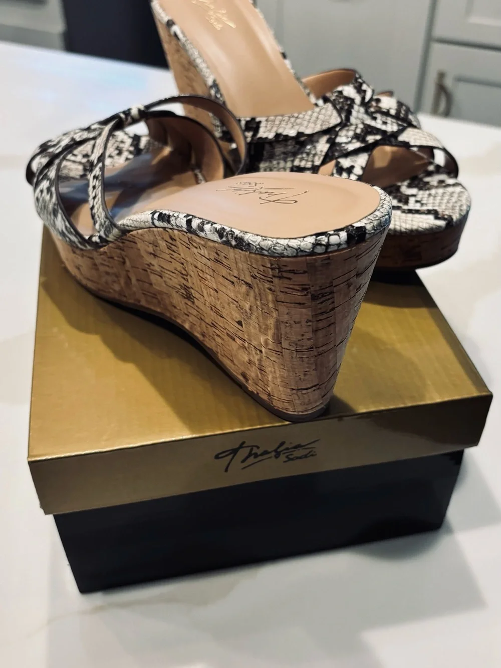 Thalia Sodi Black & White Snake-Print Cork Wedge Sandals