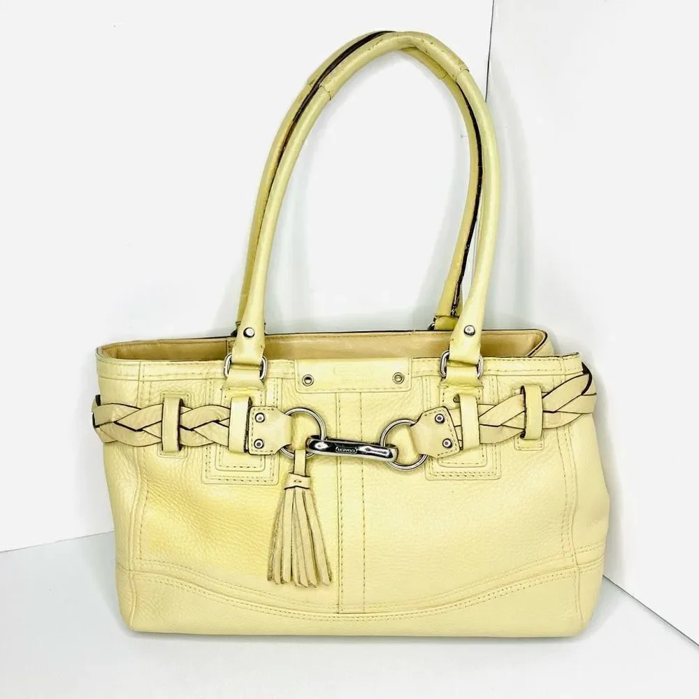 Coach F13084 Hampton Leather Braided Satchel Handbag Bag, Beige Cream