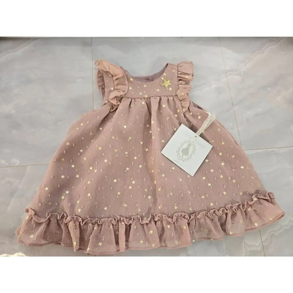 Marmellata Girls Size 3-6 Months Rose & Gold Stars Ruffled Chiffon Overlay Dress