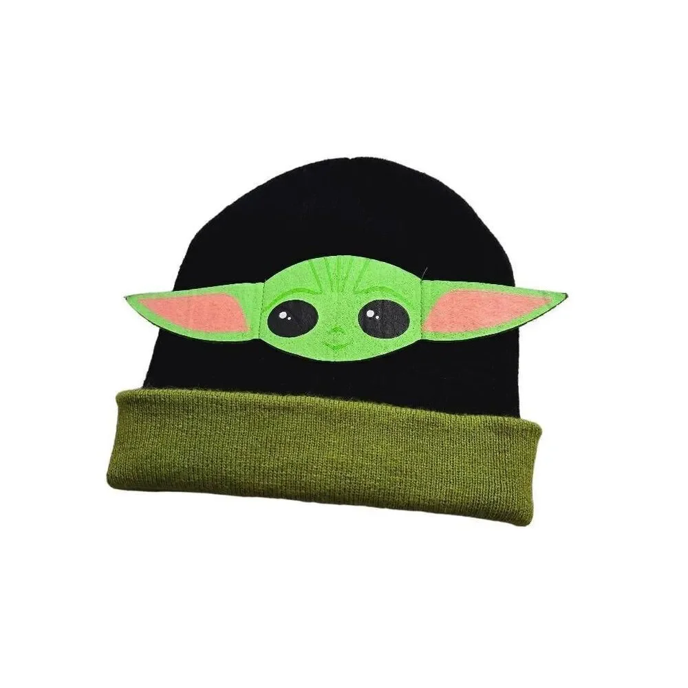 Star Wars Beanie Knit Hat - Grogu Baby Yoda Ears Black Green Winter Warm Child h
