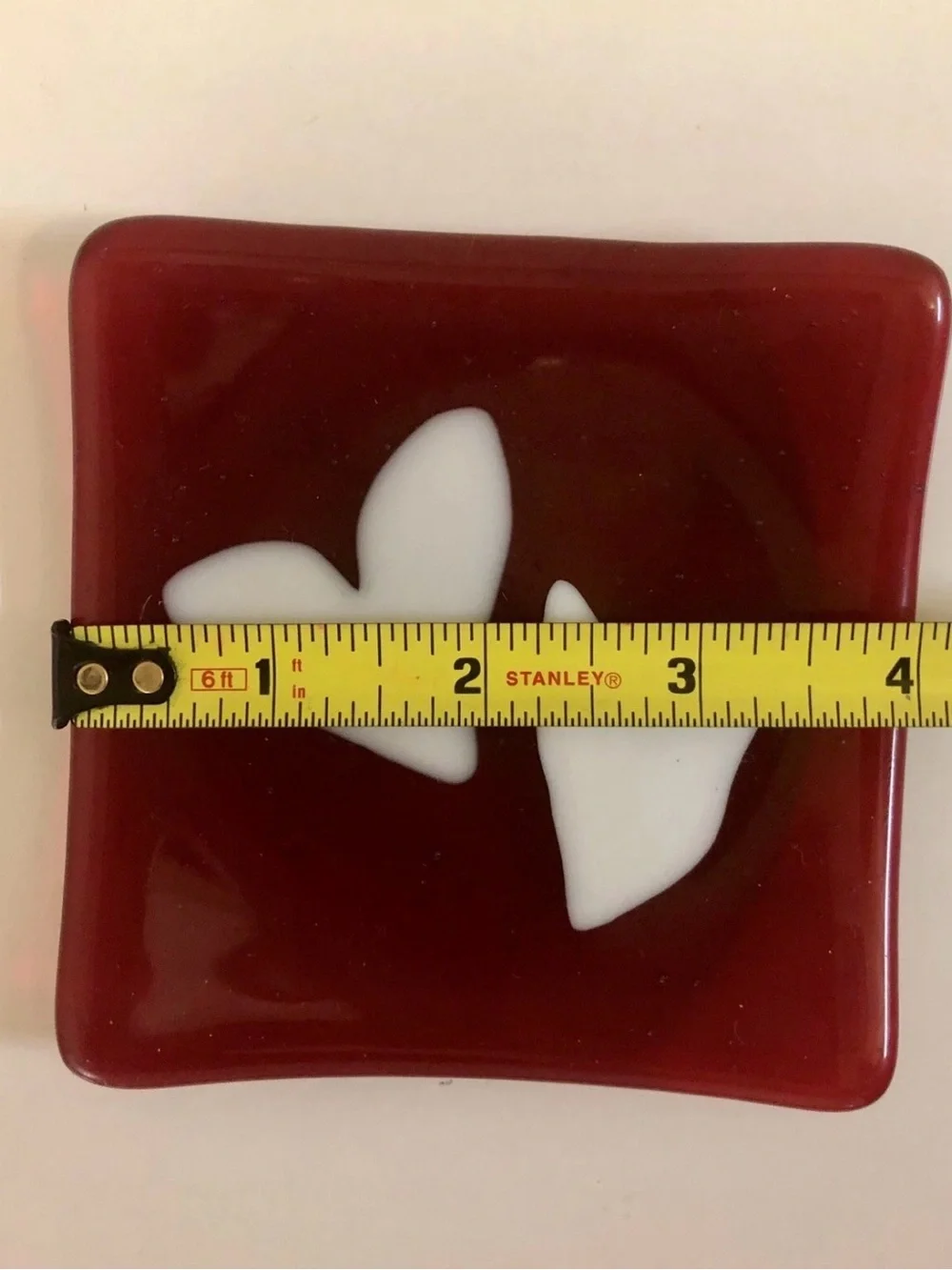 Red Fused Glass Trinket Dish with White Heart Accents