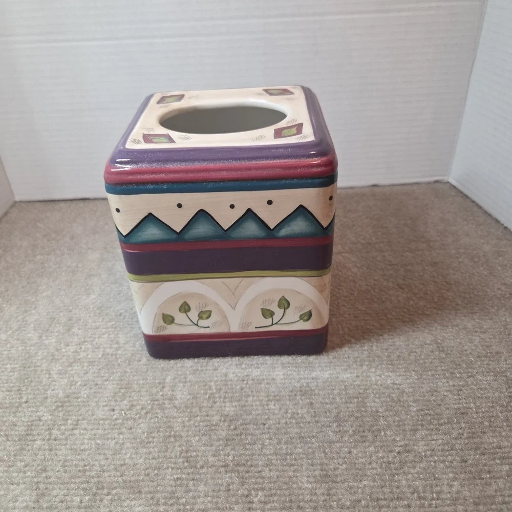 Vintage 90s Wasmutta Floral Geometric Southwest Decor Ceramic Tissue Box Cover