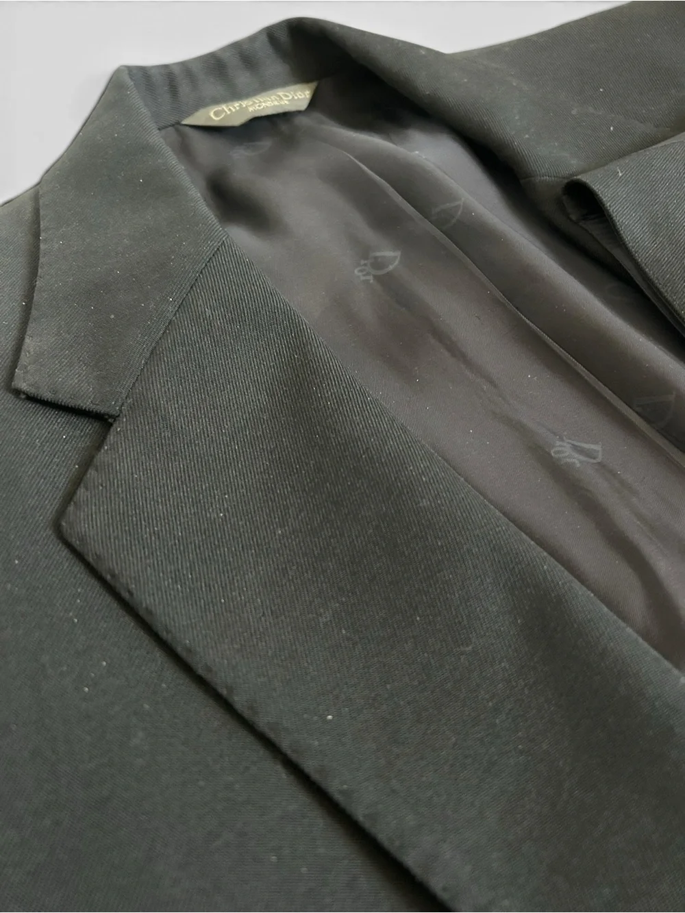 1970s DIOR 3 Puice Suit Logo Button, Flat Front pant 42L 34x34 UNION MADE