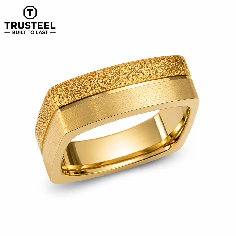 Gold Square Signet Ring 316L Stainless Steel Textured Finish Men’s size 10