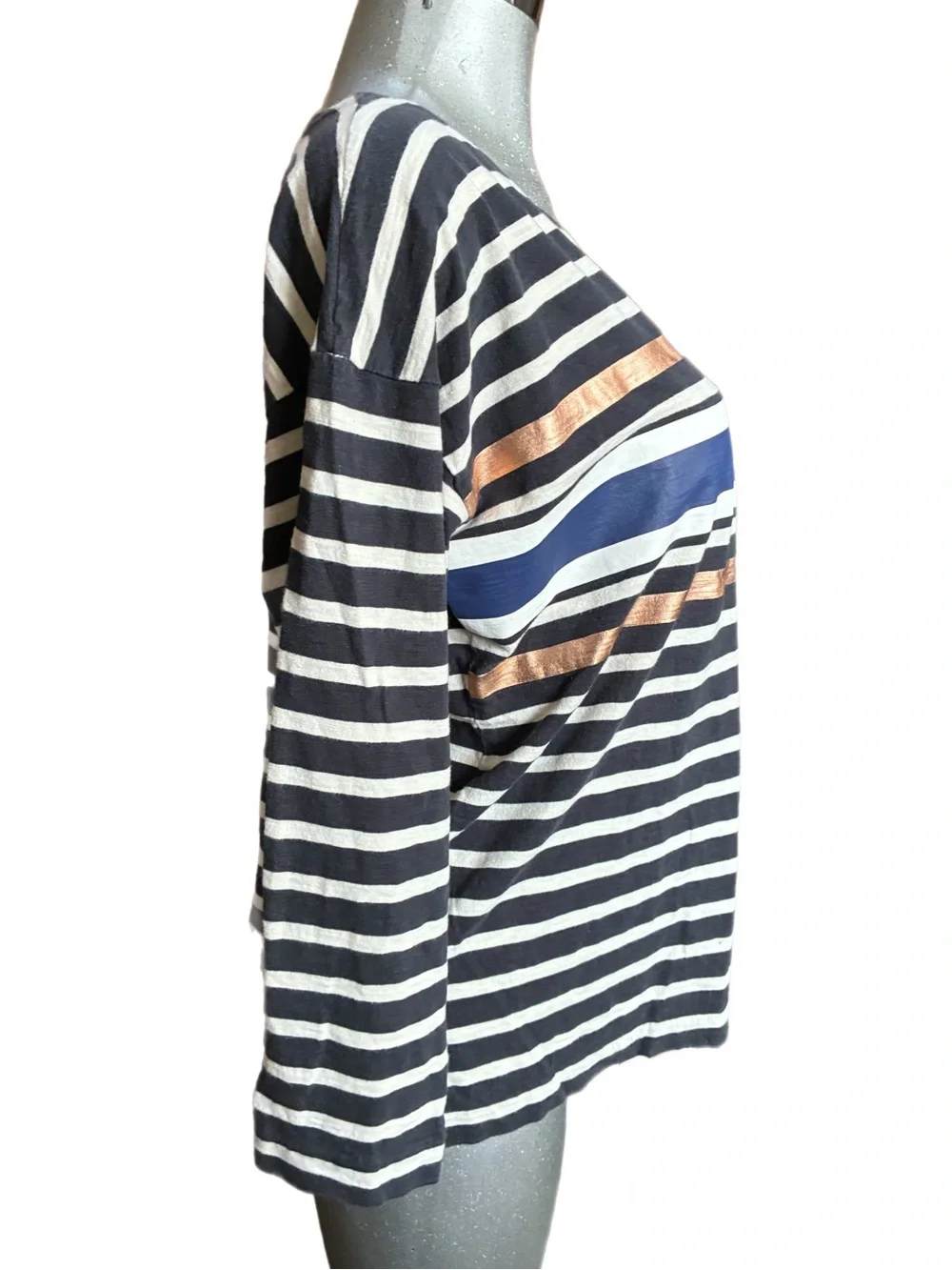 J. Crew Long Sleeve Top Boatneck Metallic Striped Navy/White/Bronze Size Large