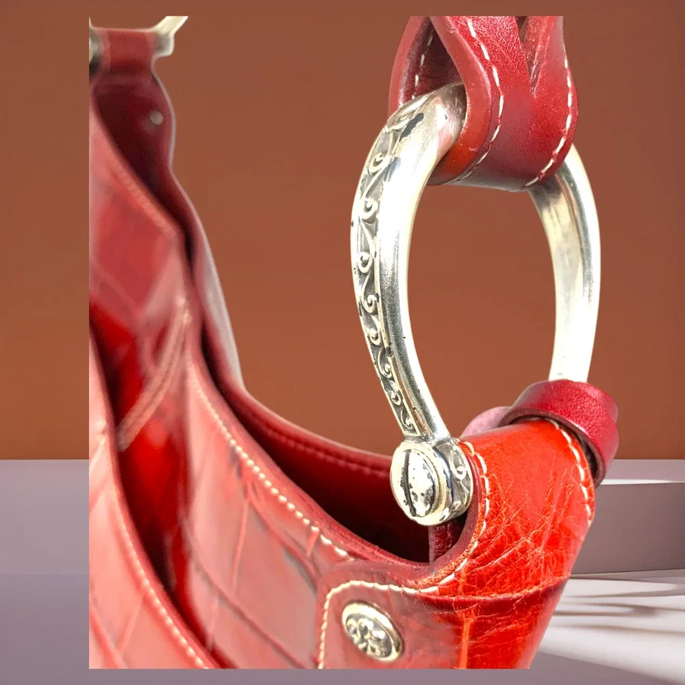 Brighton Muse Red Croc Embossed Patent Leather Shoulder Bag Heart Charm Braided