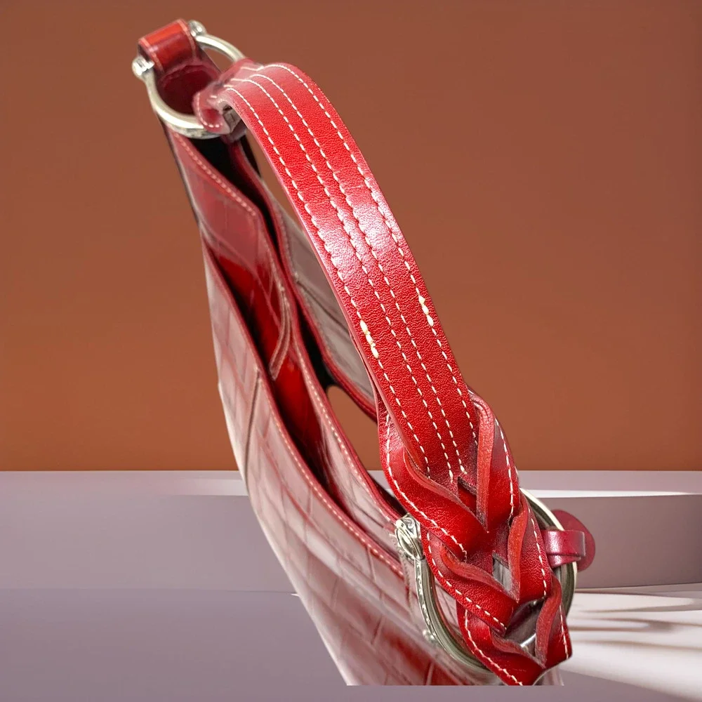 Brighton Muse Red Croc Embossed Patent Leather Shoulder Bag Heart Charm Braided