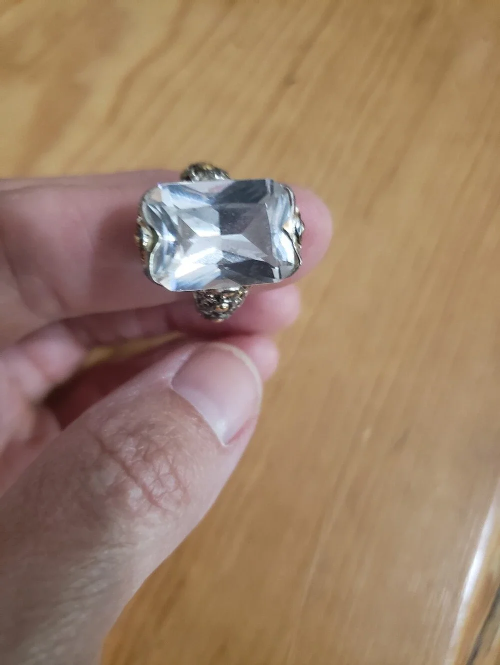 Vintage-Style Clear Crystal Ring with Gold Accents