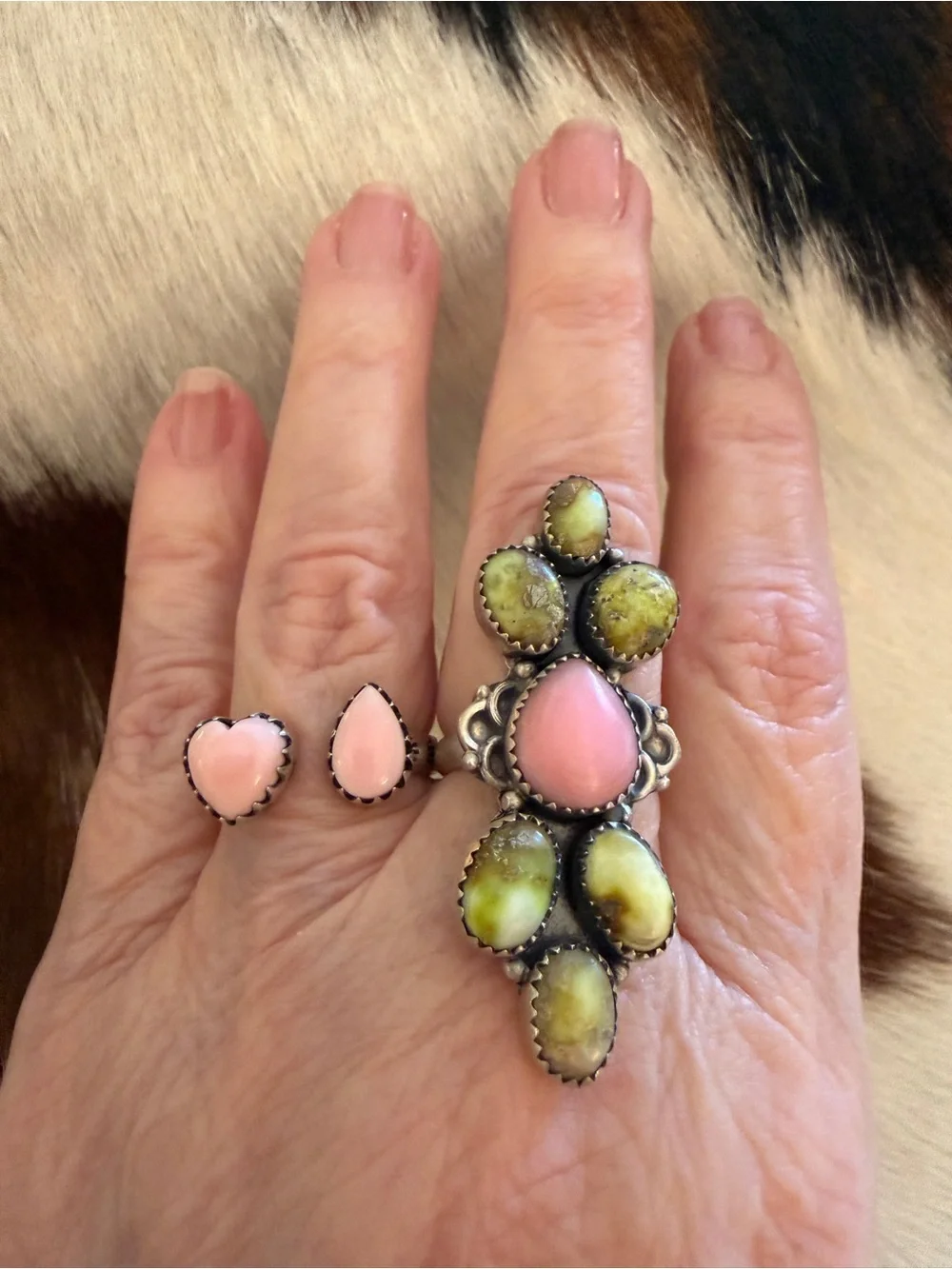 ❤️ Queen Pink Conch Palomino Variscite 925 Navajo Style Crawler Adjustable Ring