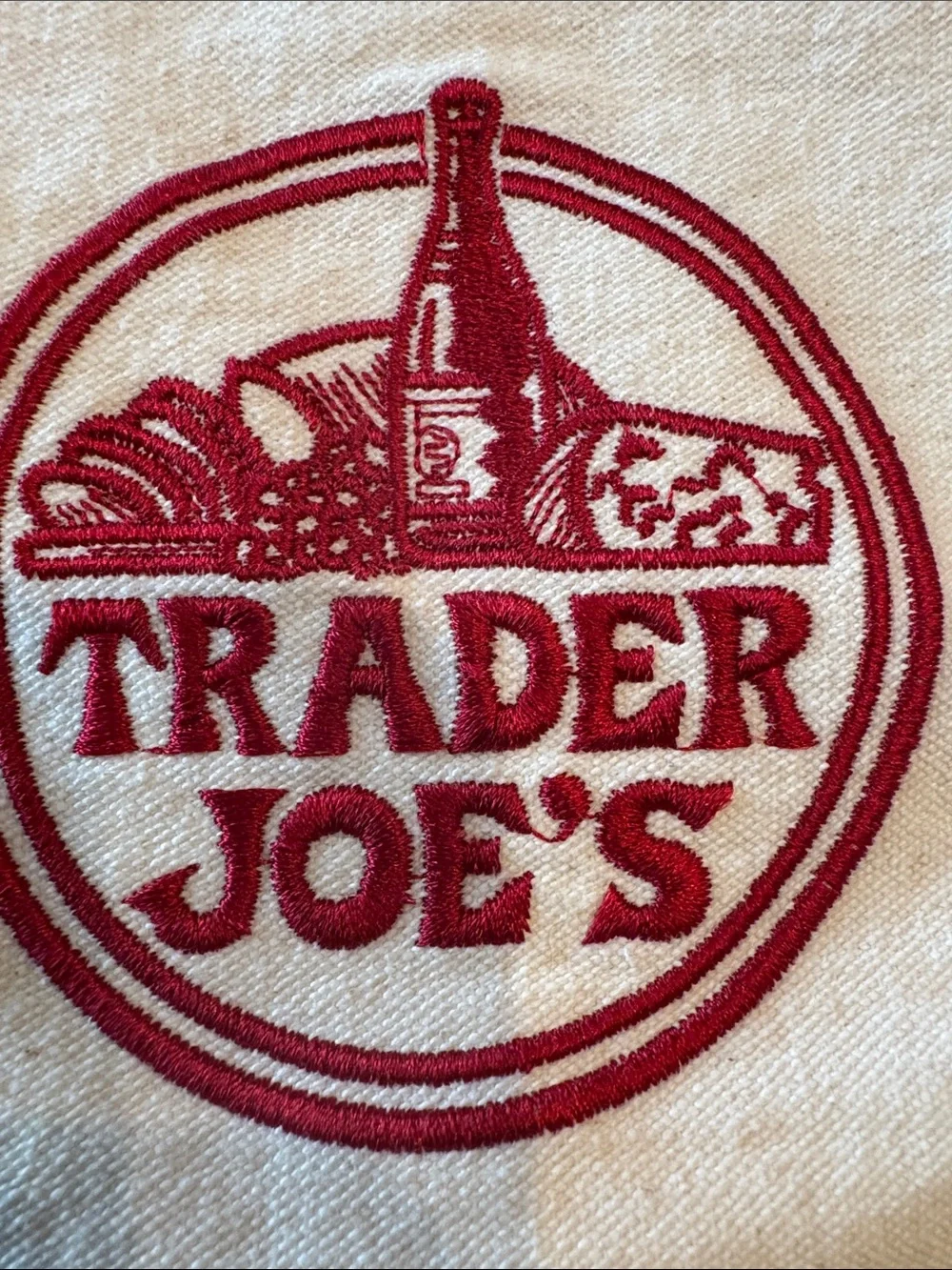 Trader Joe's Canvas Tote Bag in Cream and Navy black embroidered logo