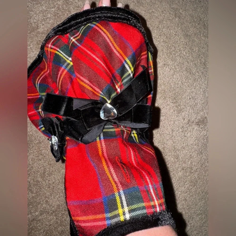 Red Tartan Plaid Christmas Dress with bows and Gems for Dogs Size Small