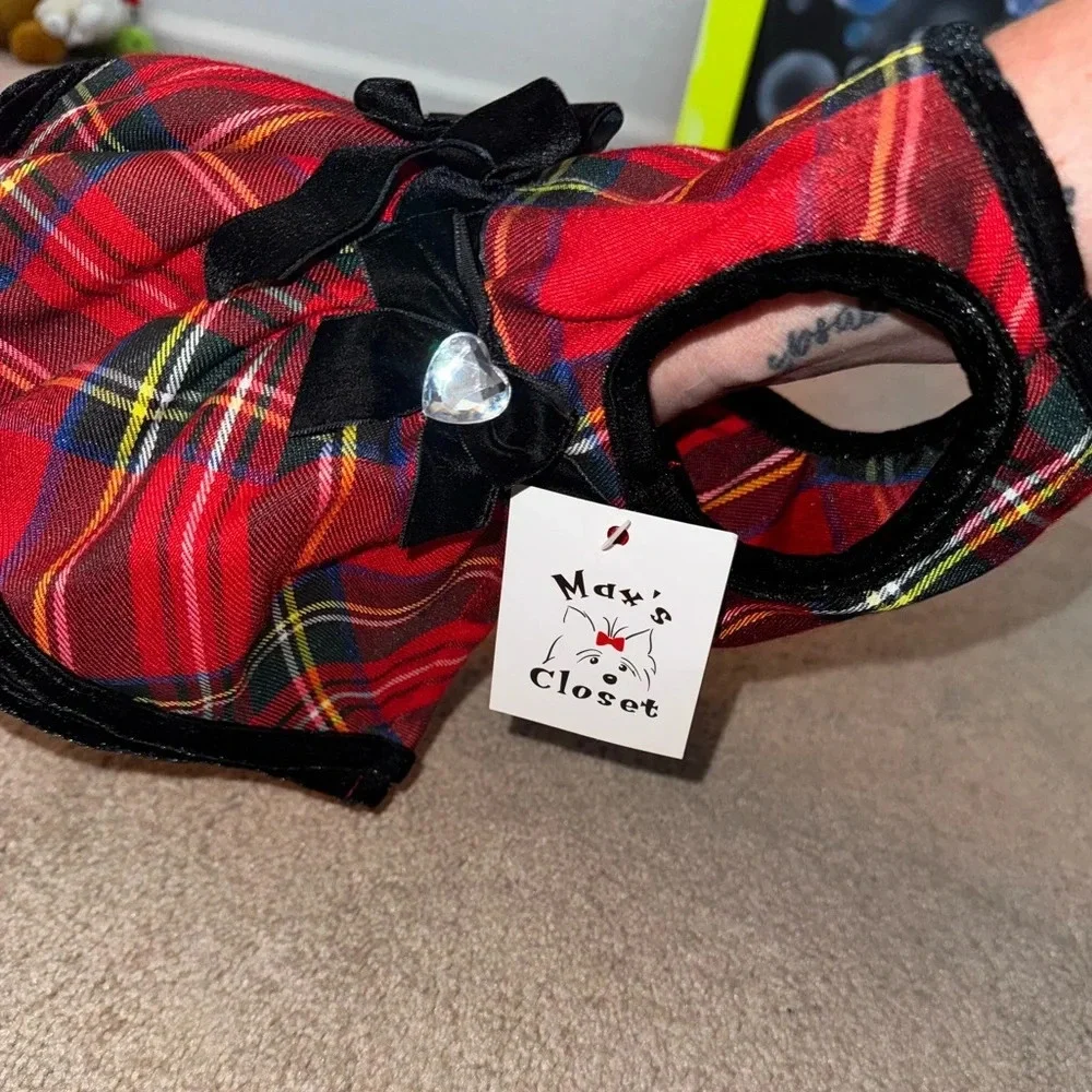 Red Tartan Plaid Christmas Dress with bows and Gems for Dogs Size Small