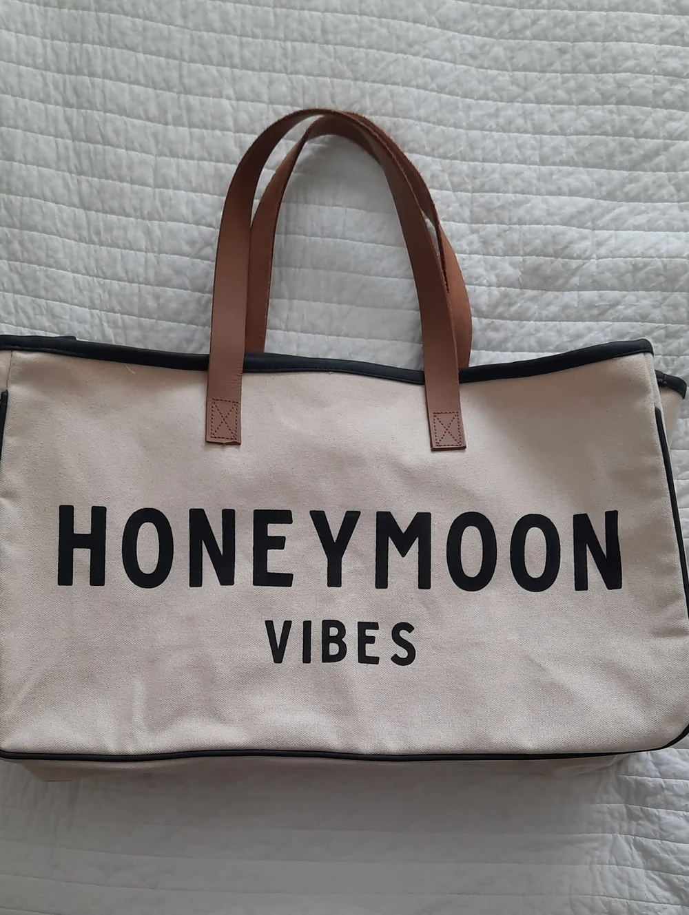 Cream Canvas 'HONEYMOON VIBES' Tote with Brown Handles