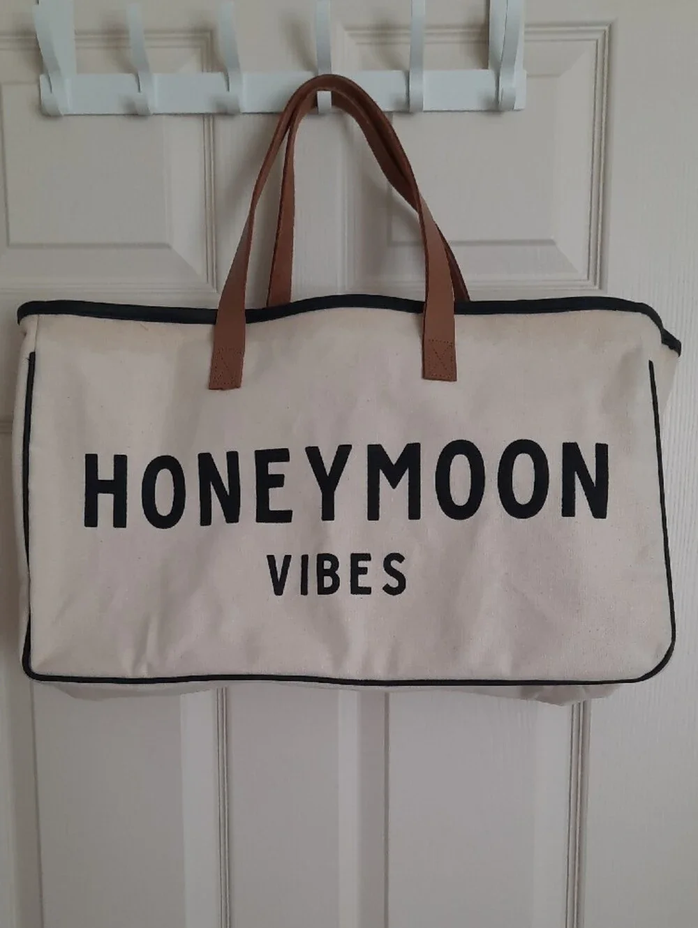 Cream Canvas 'HONEYMOON VIBES' Tote with Brown Handles