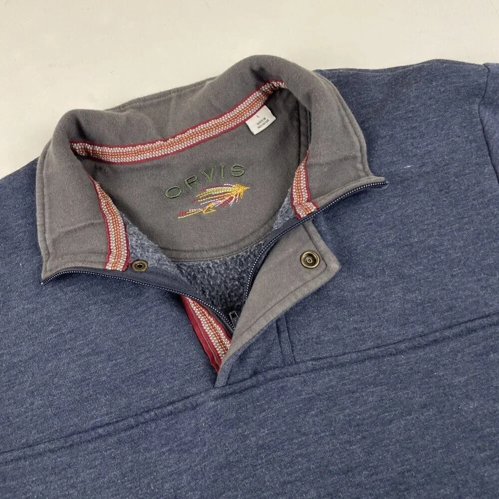 Orvis 1/4 Zip Pullover Sweater Men’s L Fleece Lined Cotton Blend Navy Casual