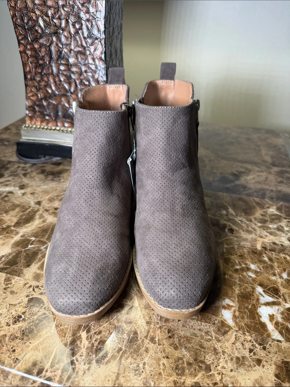 Perforated Taupe Ankle Booties with Side Zip