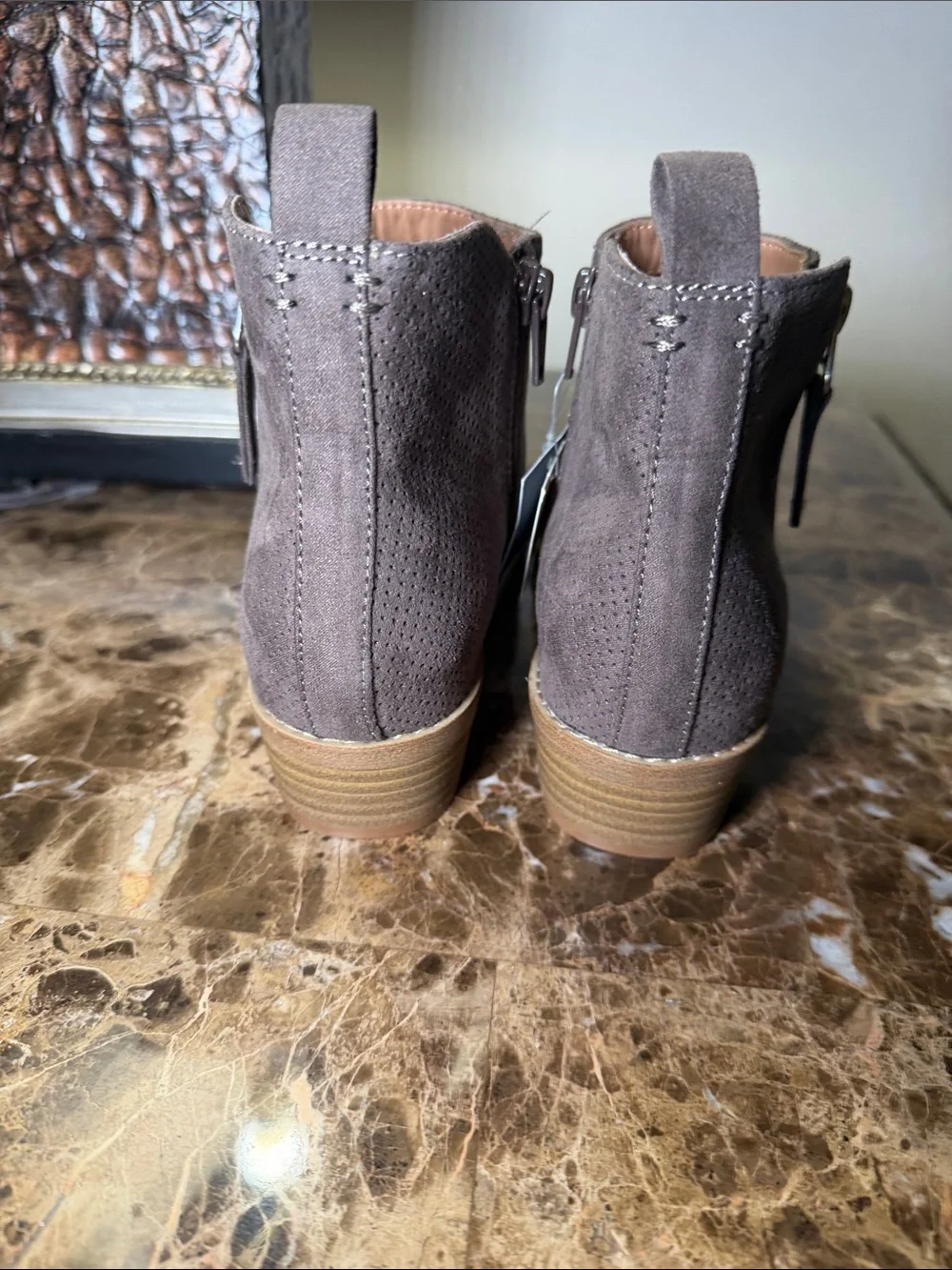 Perforated Taupe Ankle Booties with Side Zip