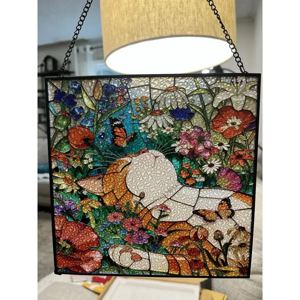 Orange Cat Stained Glass Flowers Suncatcher, Window Tabby Hanging 7 1/4”