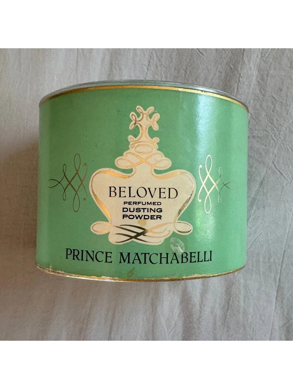 Vintage Prince Matchabelli Beloved Powder Box Crown Logo Mint Green Puff MCM
