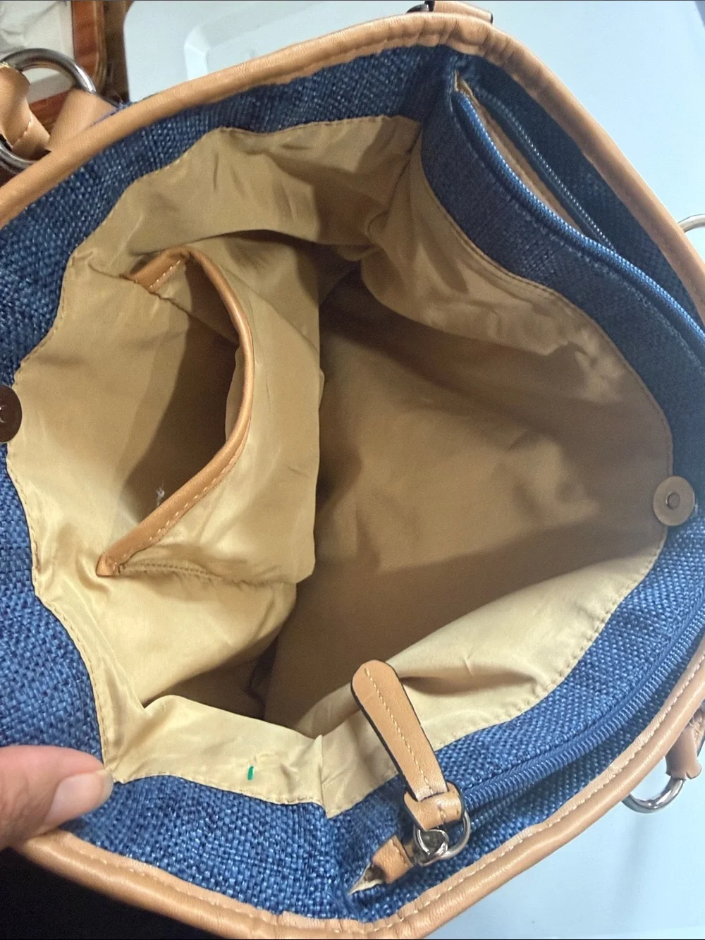 Blue Canvas Tote with Tan Braided Handles - Casual Women's Bag