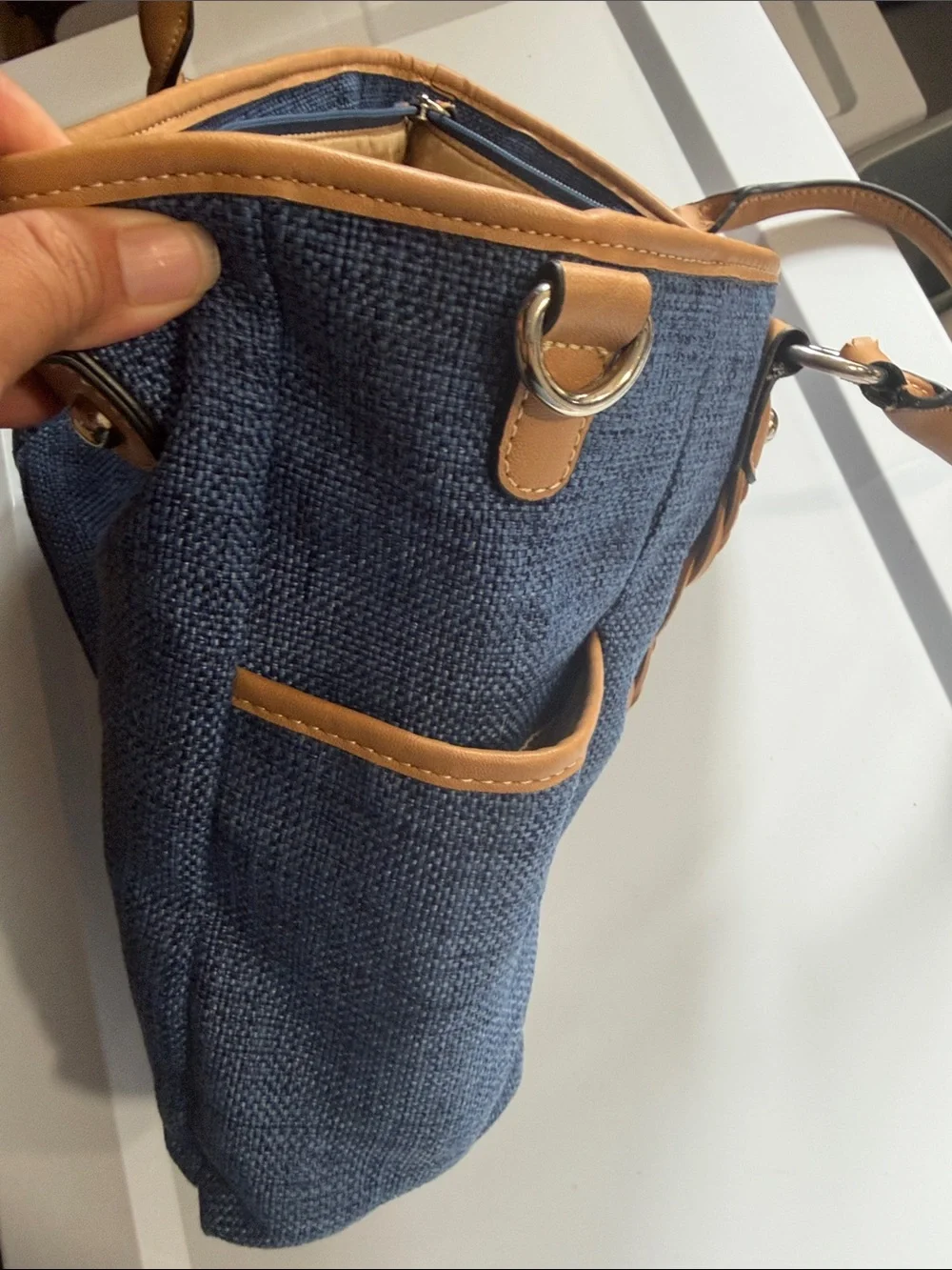 Blue Canvas Tote with Tan Braided Handles - Casual Women's Bag