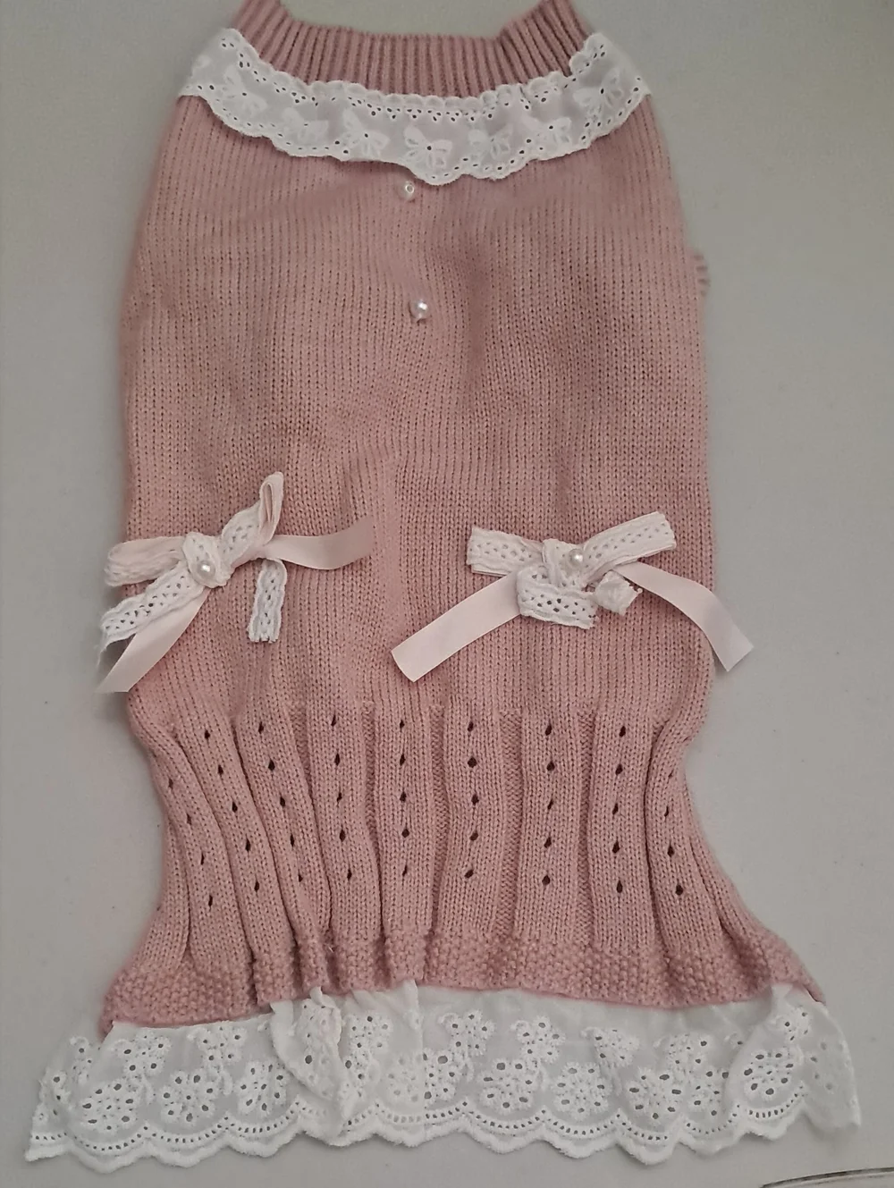 Lace Trim Pink Knit Pet Sweater