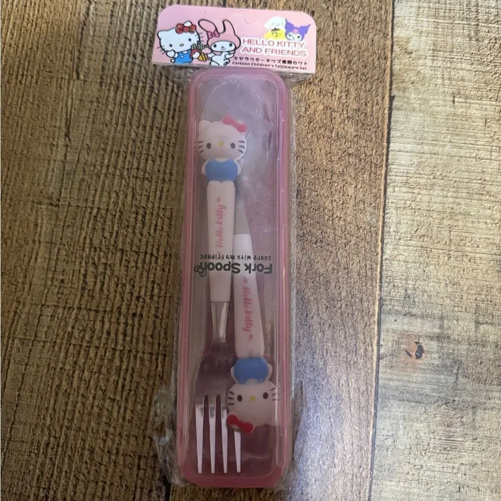 Sanrio Molded Hello Kitty Handle Fork & Spoon Set With Storage Case-NIP