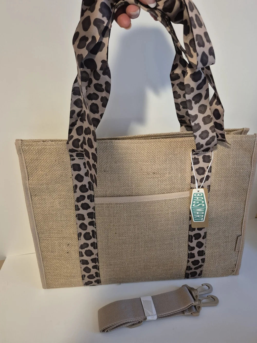 Bagsmart Natural Canvas Beach Tote with Leopard Ribbon Trim