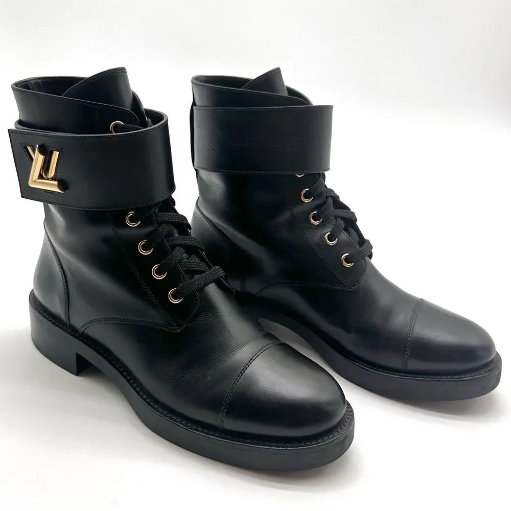 Louis Vuitton Wonderland Ranger Combat Moto Boots Black Leather LV Logo EU 38.5