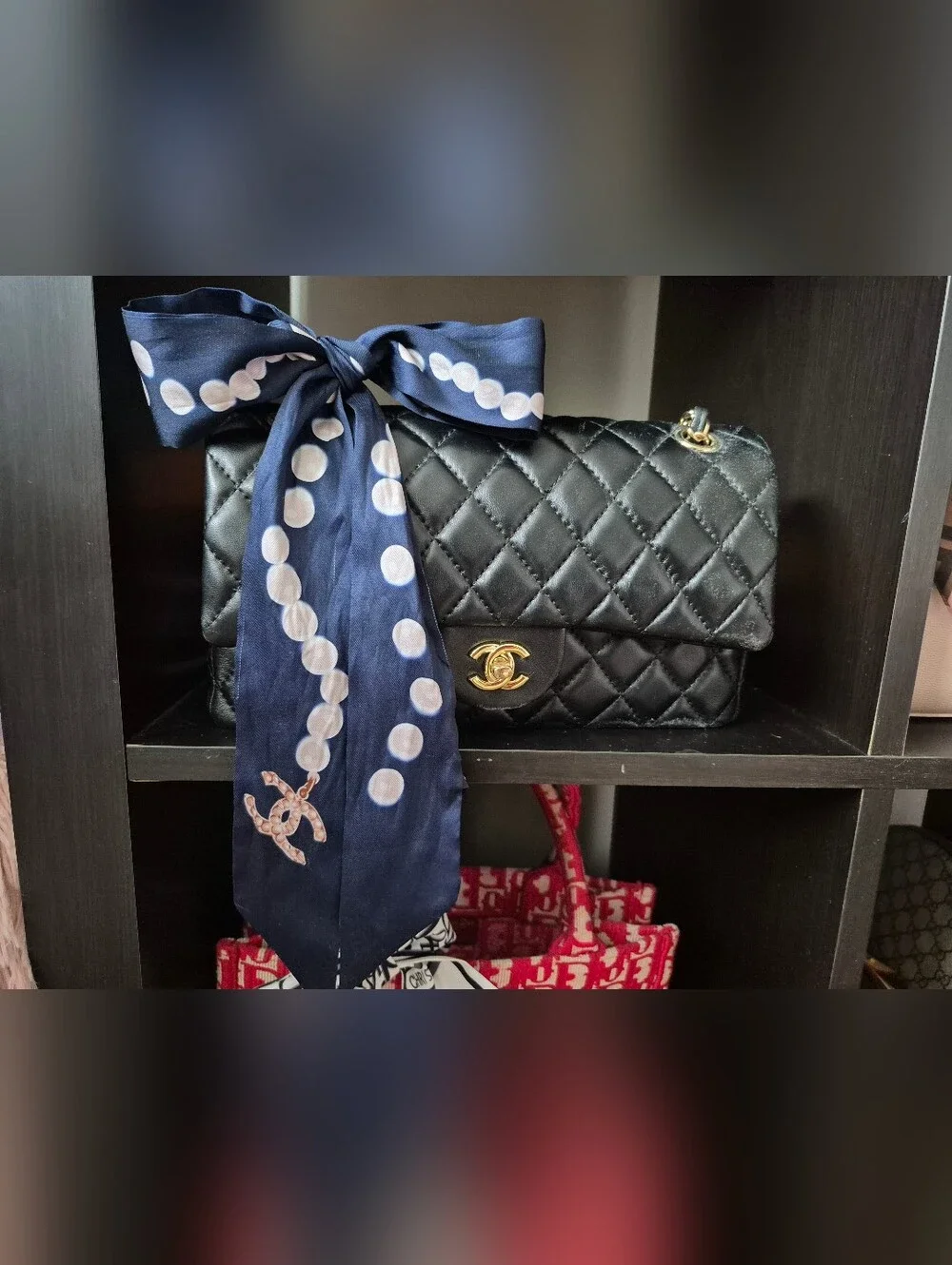 Designer-inspired Quilted Navy Polka-Dot Scarf Twilly ( Not The Purse)