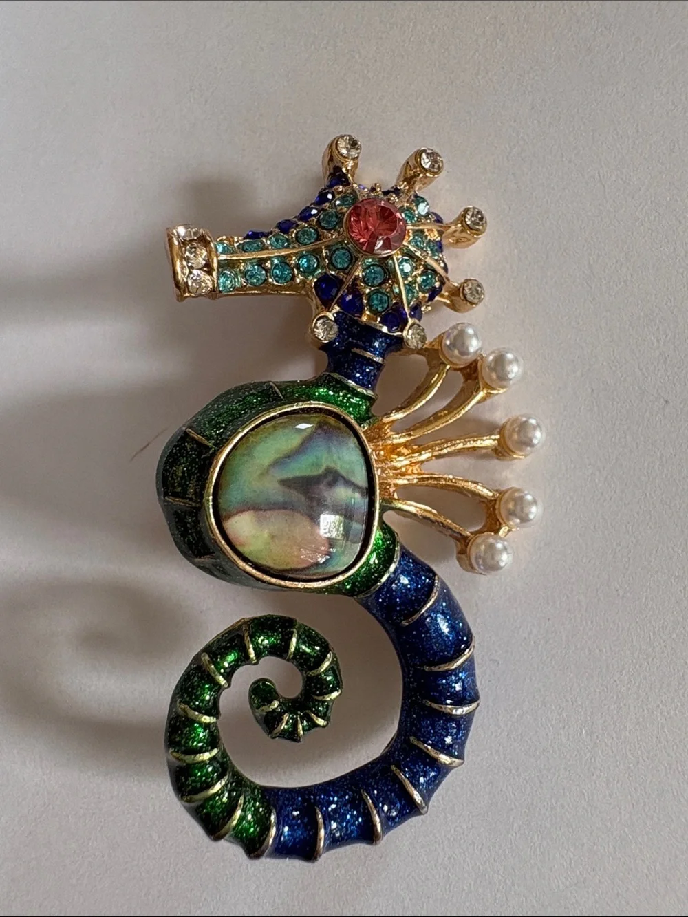 Jeweled Seahorse Brooch in Blue, Green & Gold