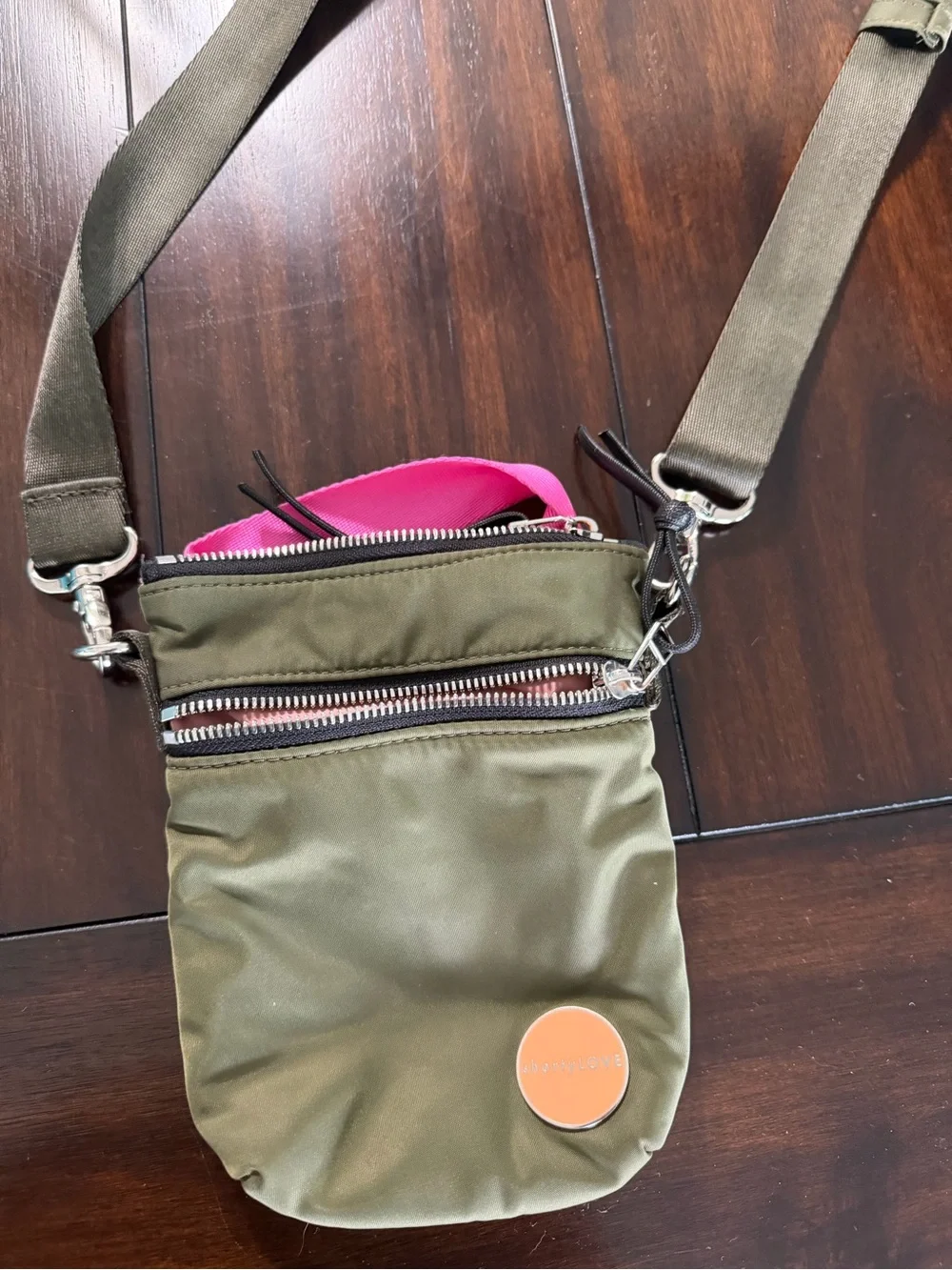 Olive Green Messenger Crossbody Bag with Pink Interior