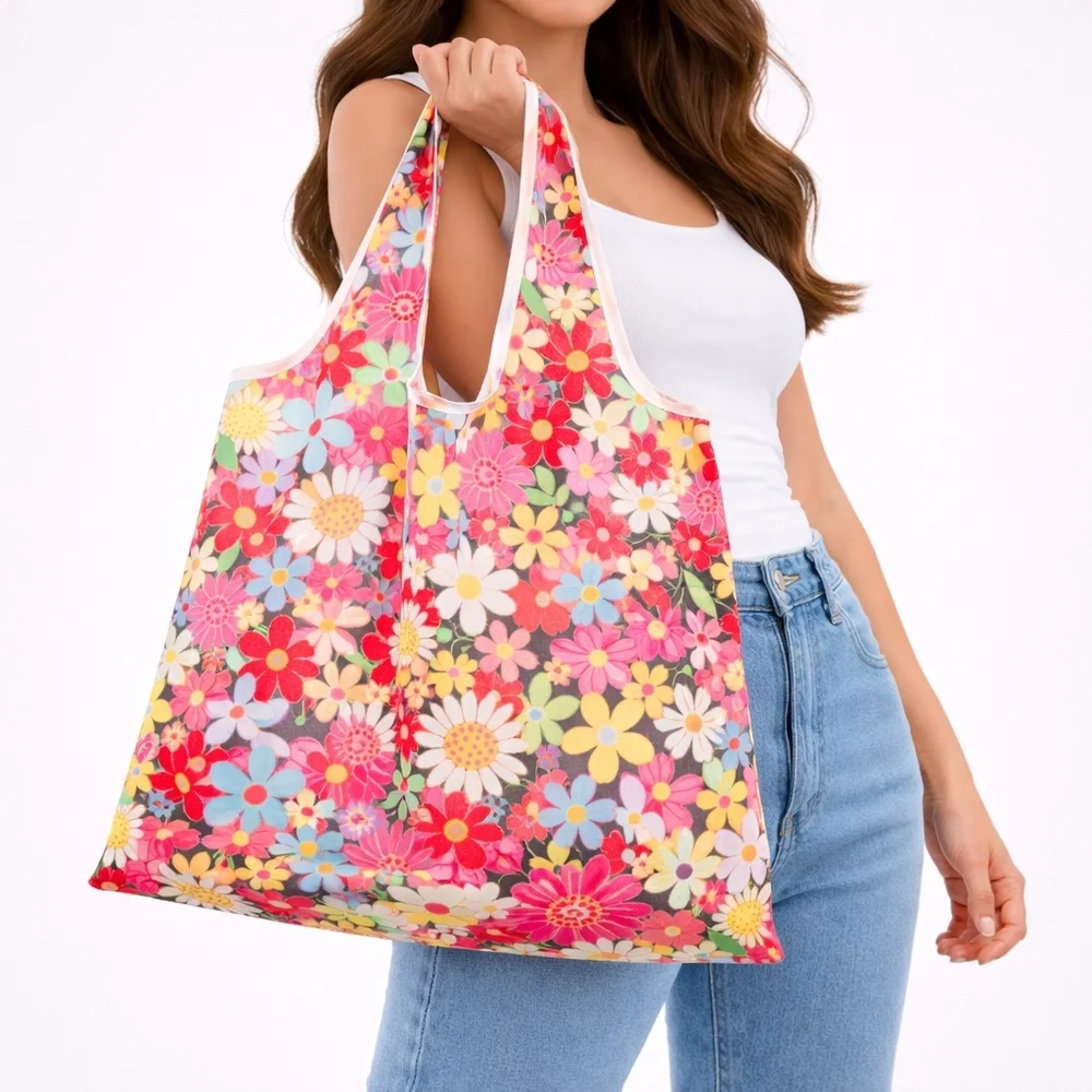 Large Multicolor Floral Foldable Tote Bag with Pouch