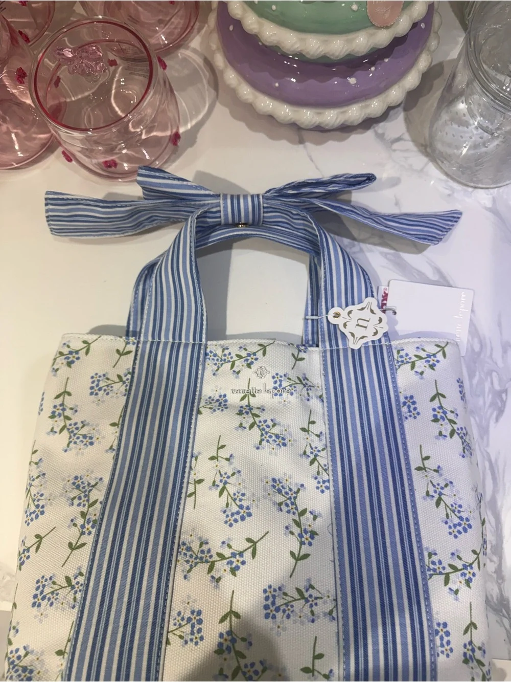 Nanette Lepore Blue and White Floral Stripe Bow Tote