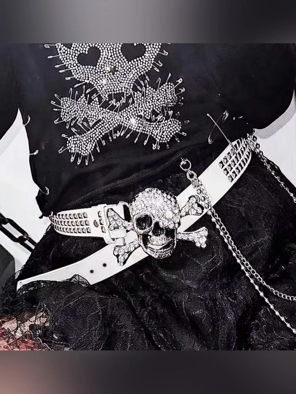 Studded Skull Buckle Belt - Black and White